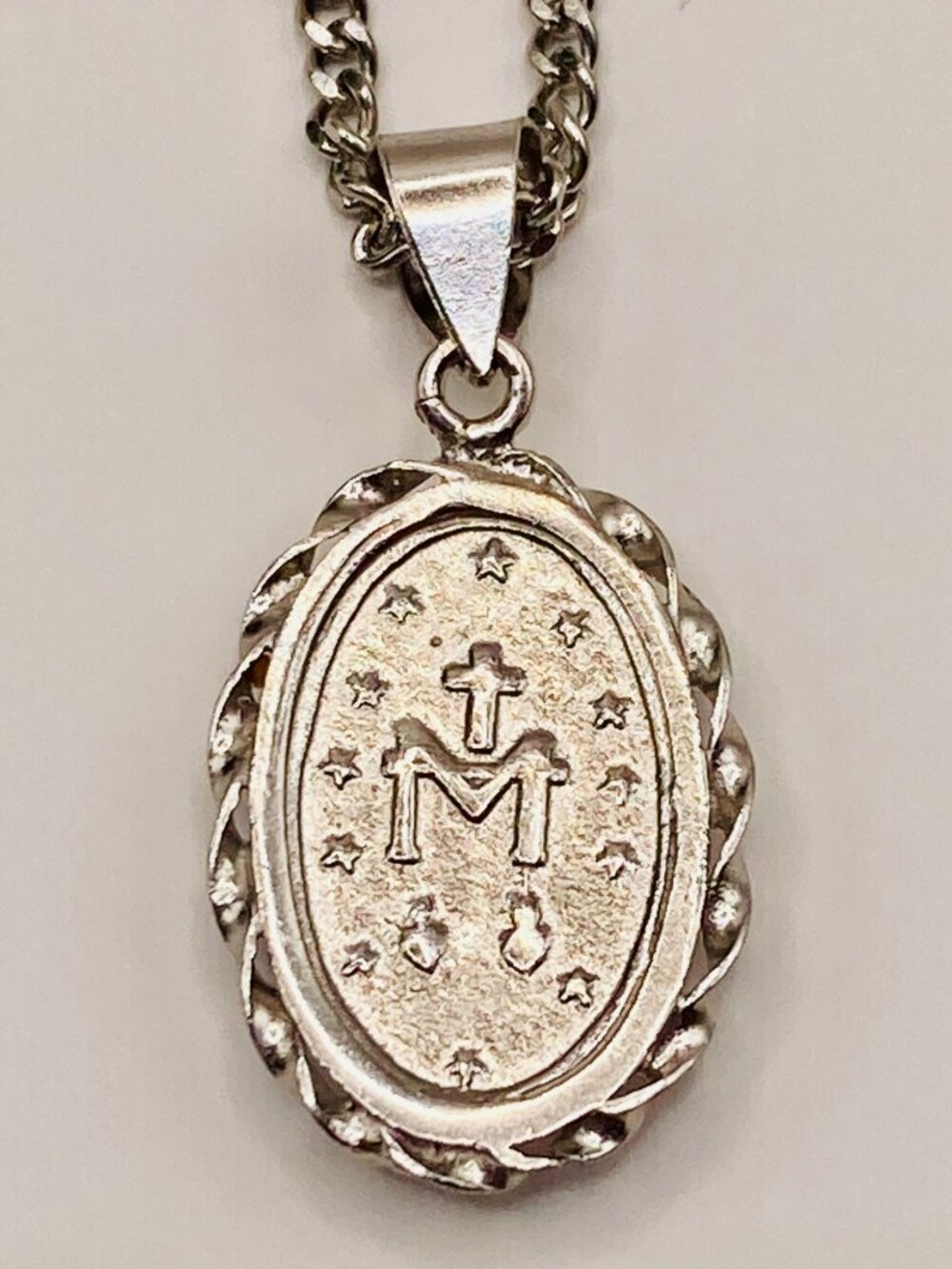 Blue Cameo Miraculous Medal Necklace Sterling Silver Frame on Stainless Steel Ch - Picture 6 of 7